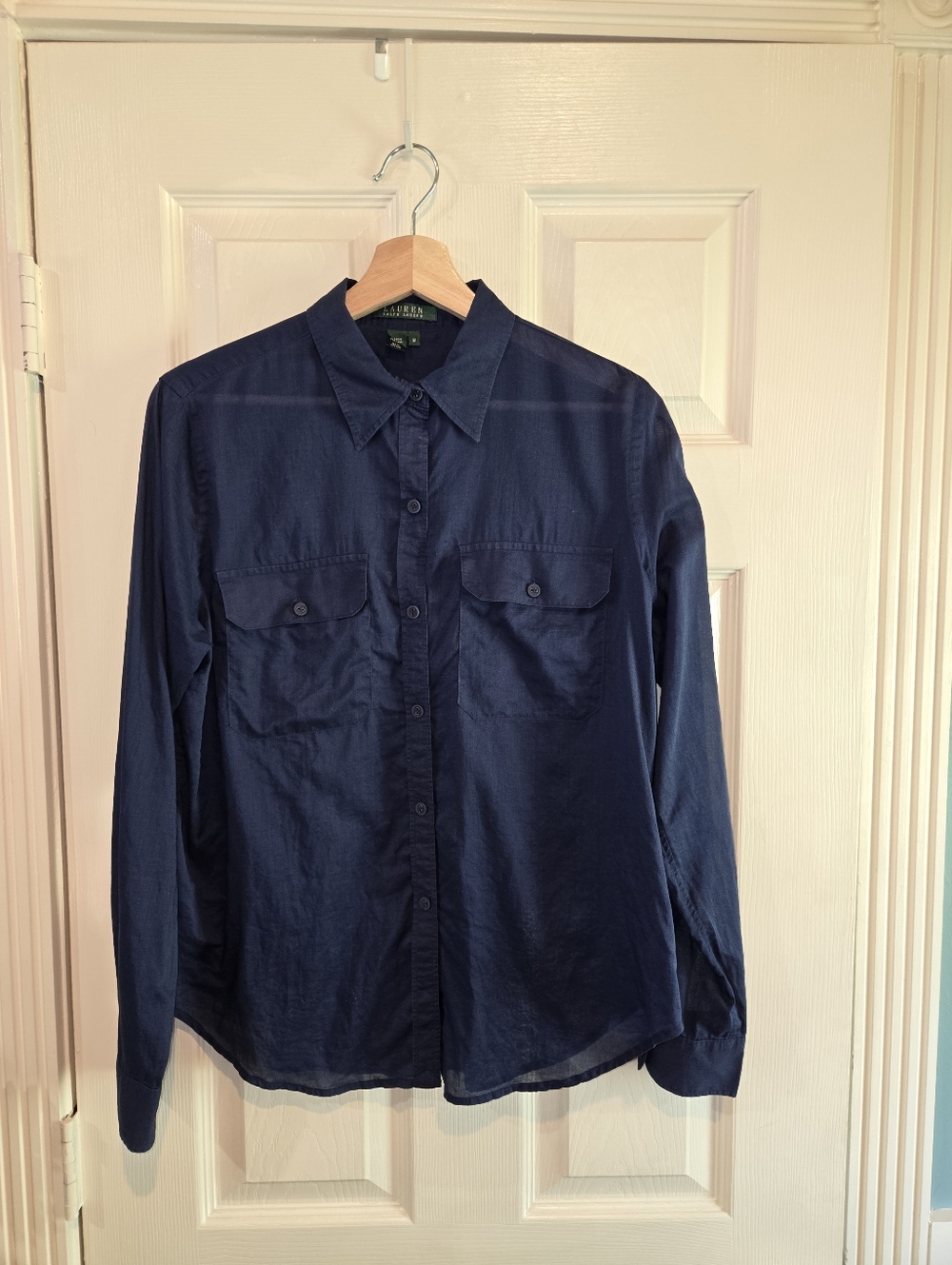 Lauren Ralph Lauren Womens M Navy Button Down Shirt Semi Sheer Cotton Coastal